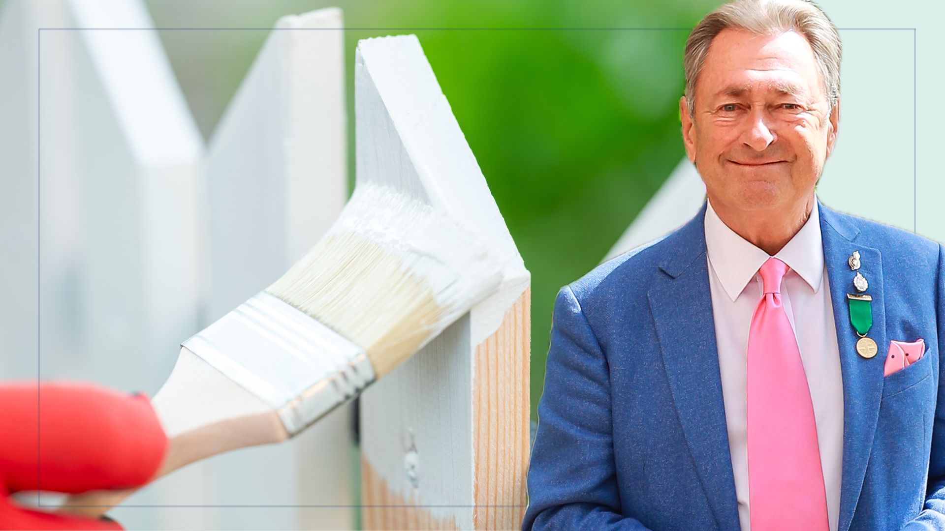 picture of garden fence being coloured white with cut out of alan titchmarsh over top