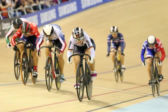 Kristina Vogel (Ger) blasts her way down the finishing straight to win the women's keirin