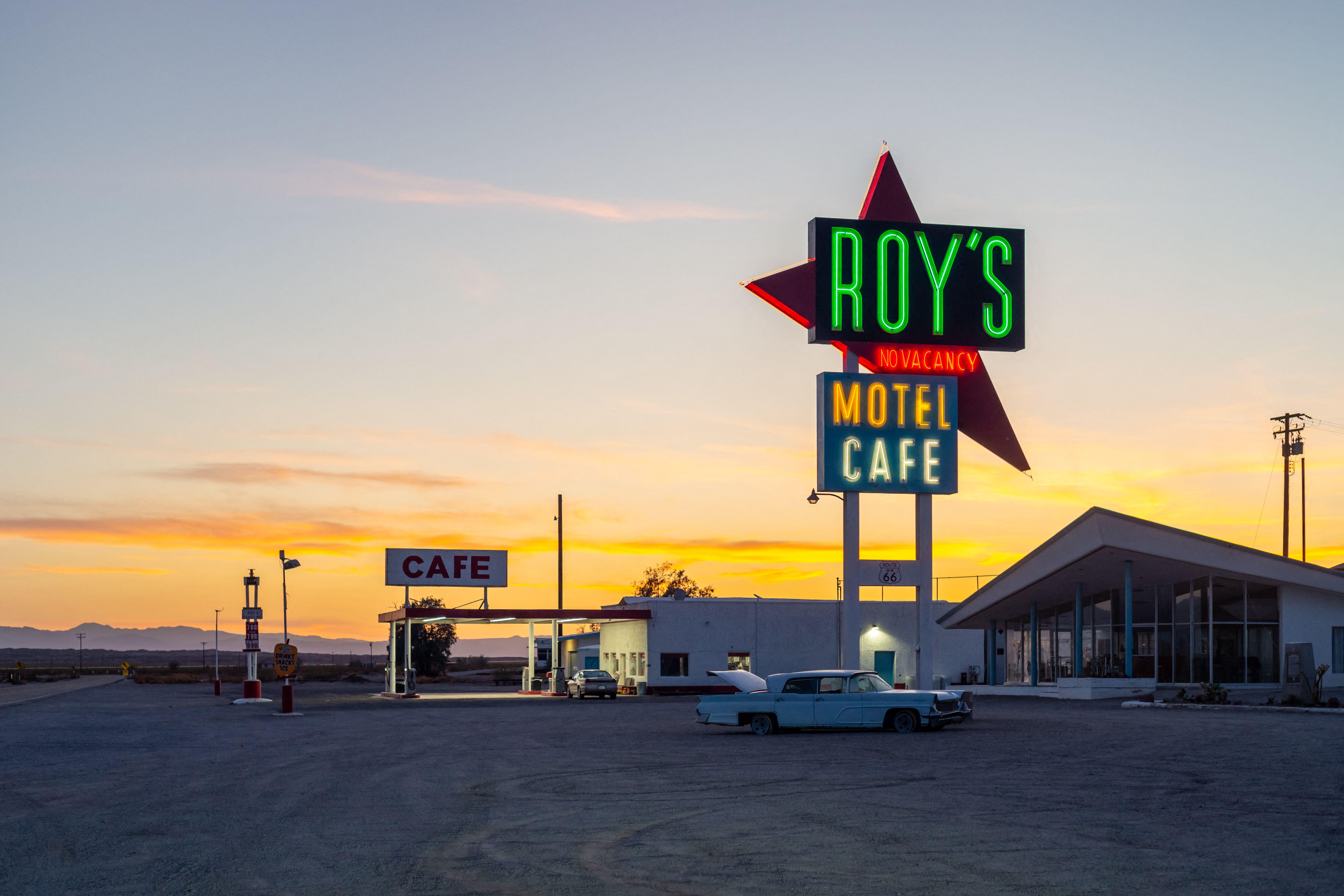 Roy's gas station, motel and cafe, an attraction stop on Route 66 in Amboy, California CA, USA. The large neon sign was relit in 2019.