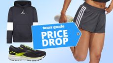 Price drop collage with adidas shorts, brooks running shoes, and jordan hoodie