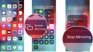 To stop AirPlay video on your iPhone and iPad, swipe down from the top right corner of the screen to bring up Control Center. Tap the device name for AirPlaying. The device name takes the place of "Screen Mirroring" in the Control Center. Select Stop Mirroring.