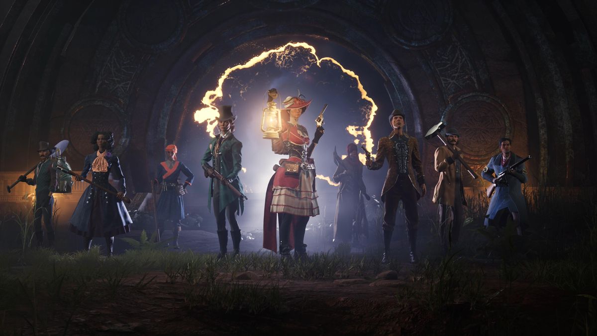 Nightingale - Several players stand in front of a magical portal wearing coats, dresses, top hats, and other Victorian-era gear.