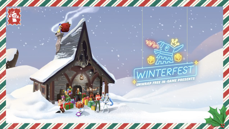 A Holiday postcard showing the Fortnite log cabin, with Sabrina Carpenter, Harry Potter, and Fortnite characters stood outside in the snow.
