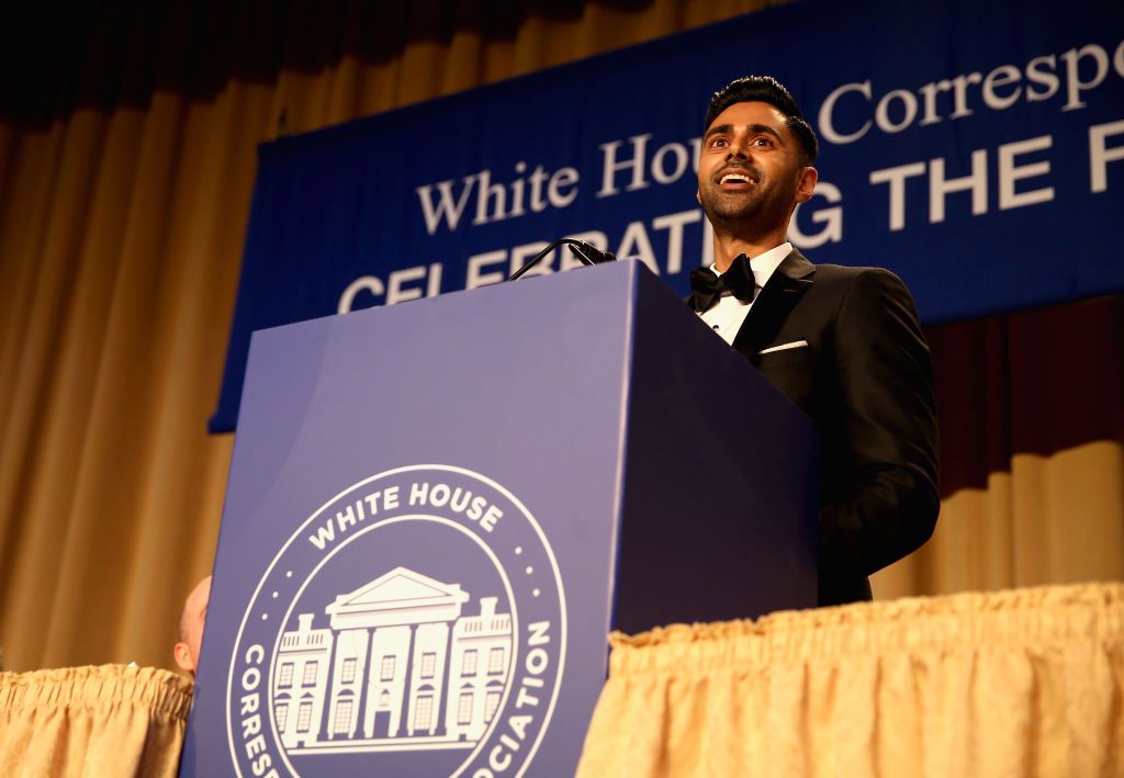 Host, comedian Hasan Minhaj speaks on stage during 2017 White House Correspondents&amp;#039; Association Dinner 