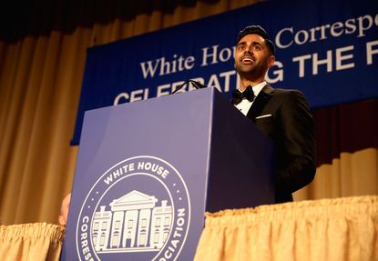Host, comedian Hasan Minhaj speaks on stage during 2017 White House Correspondents' Association Dinner 