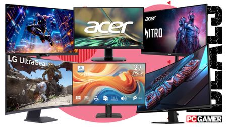 Six gaming monitors on a pink and white deals background
