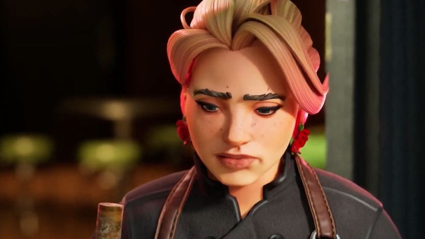 Character in canceled game Burbank with pink-blonde hair looking morose.