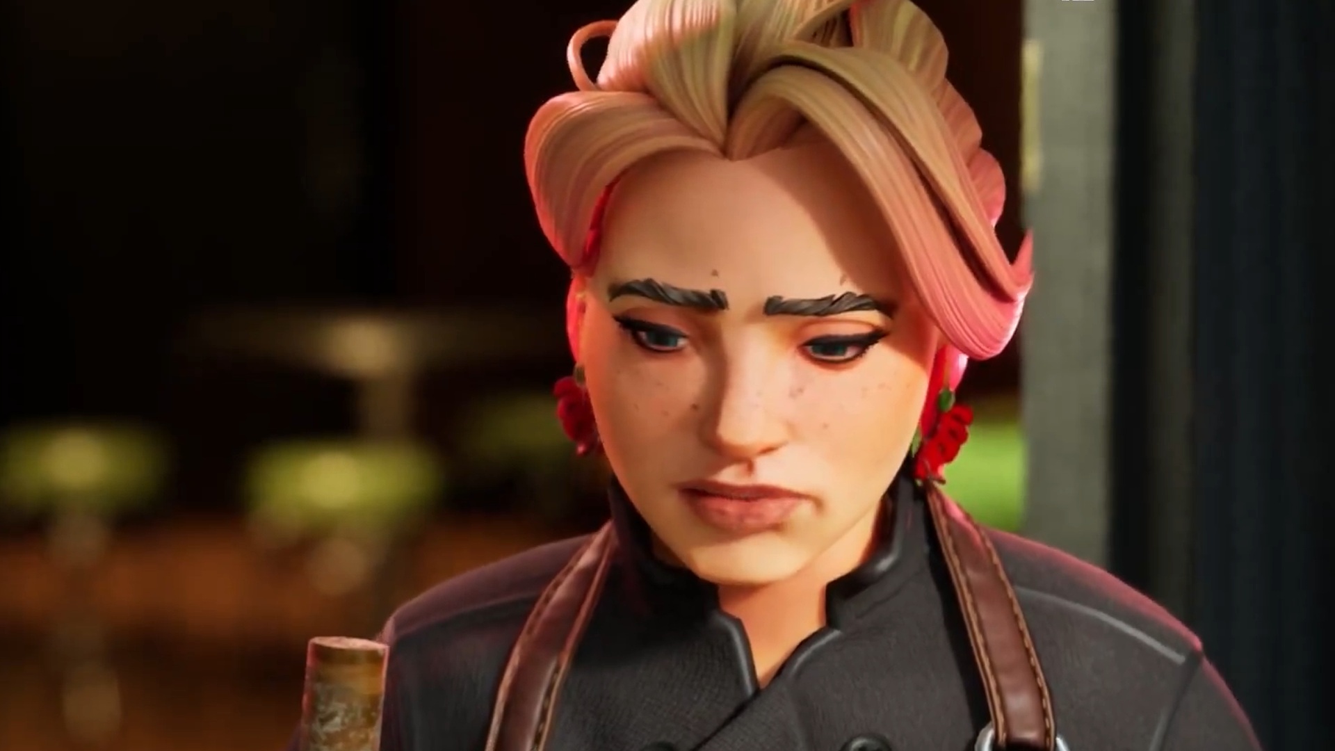 Character in canceled game Burbank with pink-blonde hair looking morose.