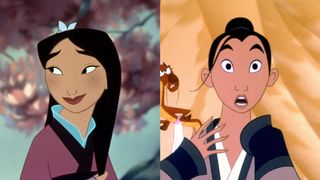 side by side stills of mulan wearing a pink robe and pretending to be a man in the military