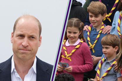 Prince William portrait split layout with Prince George, Princess Charlotte and Prince Louis