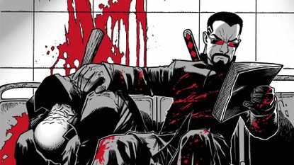 Blade sitting on top of a bloody mound of slain vampires