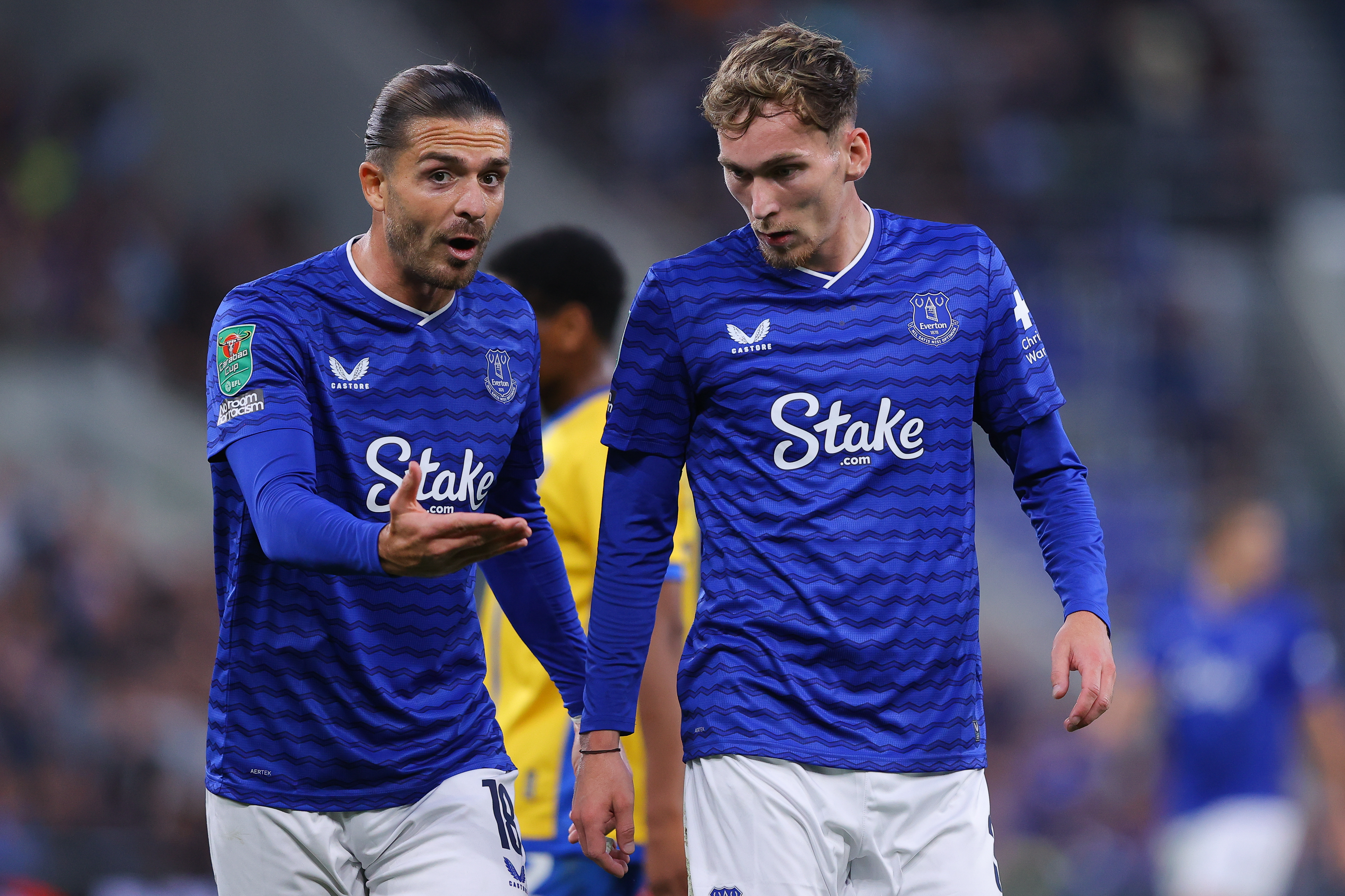 Jack Grealish (L) and James Garner (R) during Everton&#039;s Carabao Cup match versus Mansfield Town
