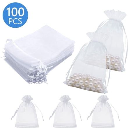 Hengbo 100 Pcs 4x6 Inch Drawstring Organza Pouches Sheer Mesh Jewelry Candy Bags for Wedding Party Gift Packaging White