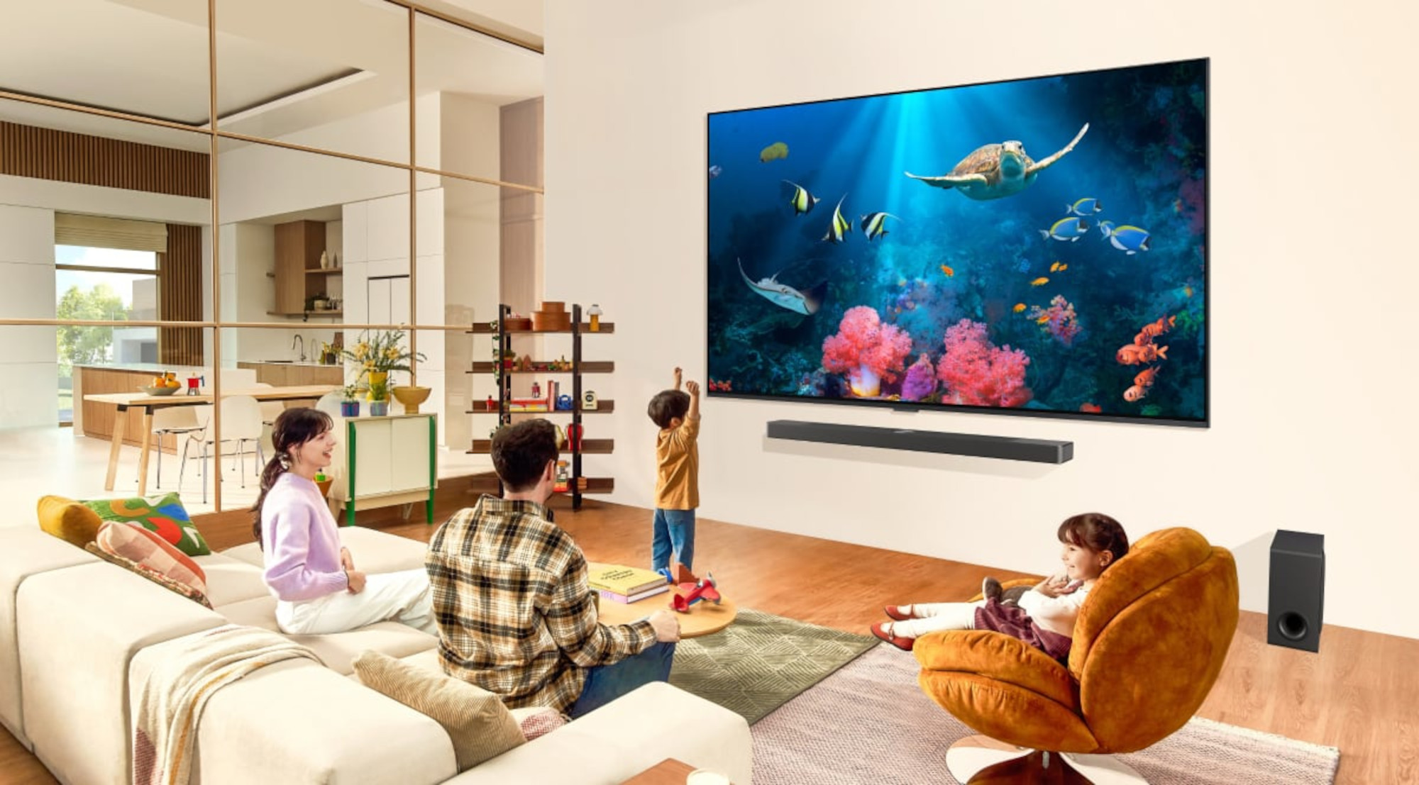 LG QNED99T TV on wall in living room