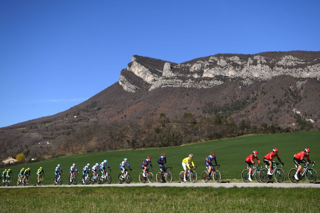 SISTERONFRANCE MARCH 07 LR Luke Plapp of Australia and Team Jayco AlUla Yellow Leader Jersey Arnaud Demare of France and Team Arkea BB Hotels and a general view of the peloton competing during the 82nd Paris Nice 2024 Stage 5 a 1935km stage from SaintSauveurdeMontagut to Sisteron UCIWT on March 07 2024 in Sisteron France Photo by Alex BroadwayGetty Images