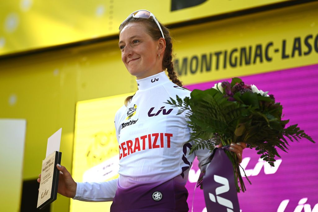 MONTIGNACLASCAUX FRANCE JULY 25 C&eacute;drine Kerbaol of France and Team CERATIZITWNT Pro Cycling White Best Young Rider Jersey celebrates at podium during the 2nd Tour de France Femmes 2023 Stage 3 a 1472km stage from CollongeslaRouge to MontignacLascaux UCIWWT on July 25 2023 in MontignacLascaux France Photo by Alex BroadwayGetty Images