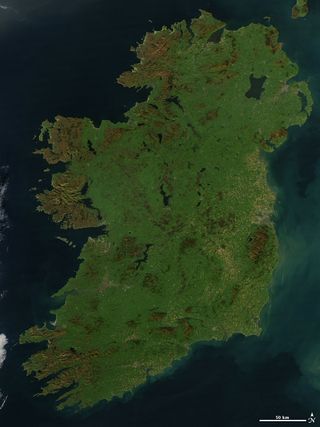 The Emerald Isle, otherwise known as Ireland, is seen here from space, imaged by NASA's Aqua satellite. The image, shared by NASA's History Office on Twitter for St. Patrick's Day, shows the nation's signature feature, visible all the way from space: the lush and rolling green hills that cover the Island which lies in the North Atlantic just to the west of Great Britain.