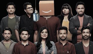 Comicstaan comedians lined up, with an unknown comic wearing an Amazon box