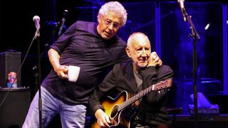 Roger Daltrey (L) and Pete Townshend of British rock band The Who perform on stage during their "The Song Is Over Farewell Tour" at Acrisure Arena in Palm Desert, California on October 1, 2025.