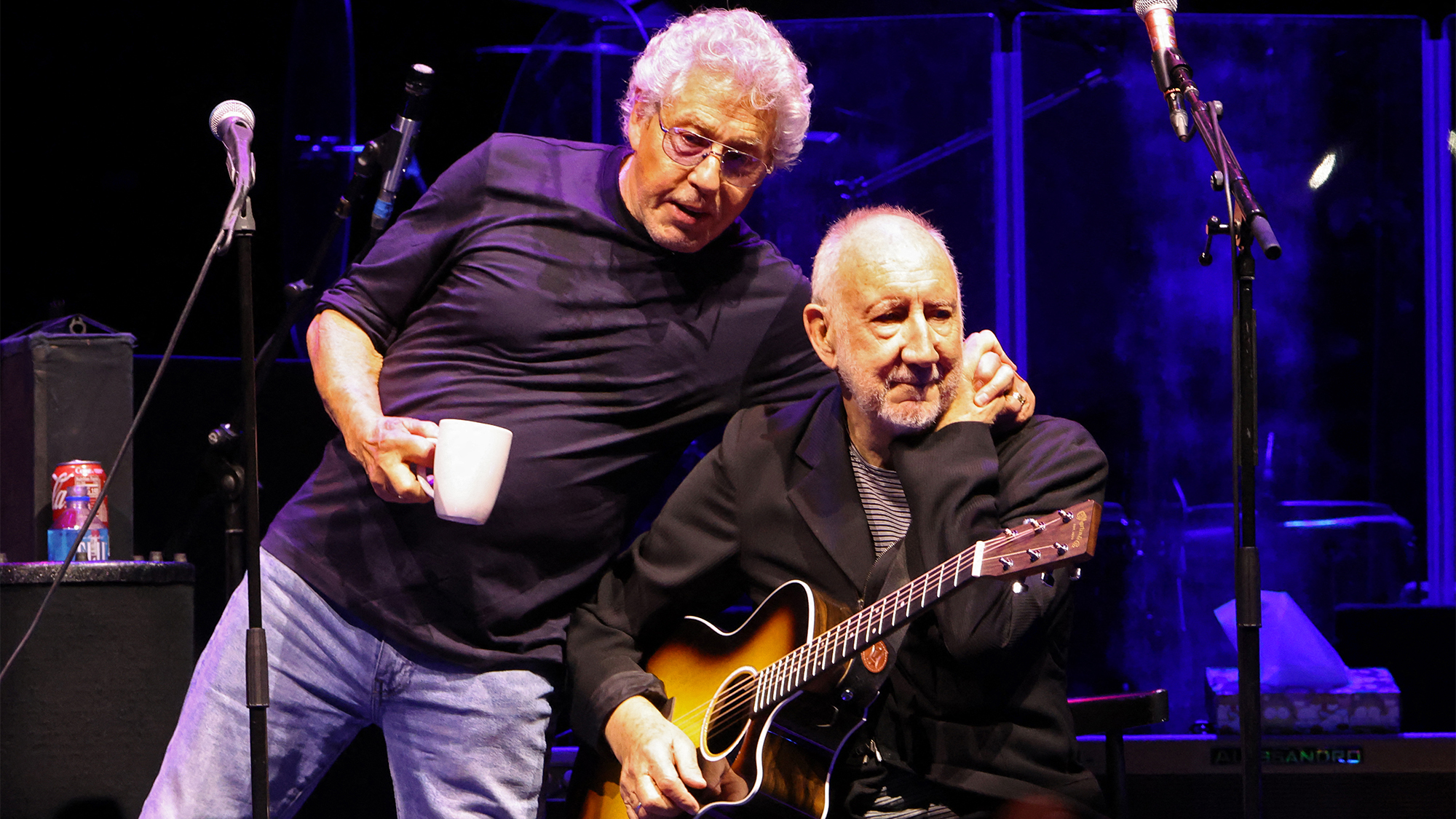 Roger Daltrey (L) and Pete Townshend of British rock band The Who perform on stage during their &quot;The Song Is Over Farewell Tour&quot; at Acrisure Arena in Palm Desert, California on October 1, 2025. 