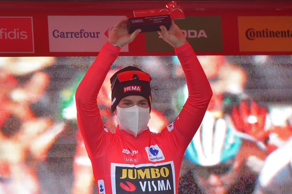 Team Jumbo rider Slovenias Primoz Roglic celebrates wearing the leaders red jersey on the podium after the 3rd stage of the 2020 La Vuelta cycling tour of Spain a 1661 km race from Lodosa to La Laguna Negra Vinuesa on October 22 2020 Photo by ANDER GILLENEA AFP Photo by ANDER GILLENEAAFP via Getty Images