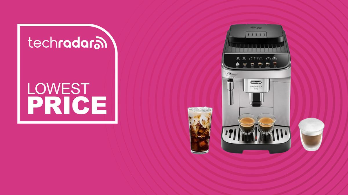 The De&#039;Longhi Magnifica Evo on a pink background with text saying Lowest Price.