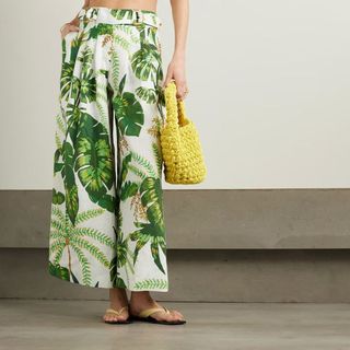 Tropical Forest pleated printed linen wide-leg pants