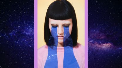 Collage of woman with tears against a galaxy background; zodiac signs and breakups