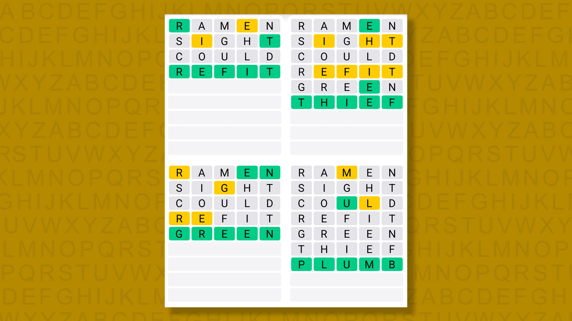Quordle answers for game 1363 on a yellow background