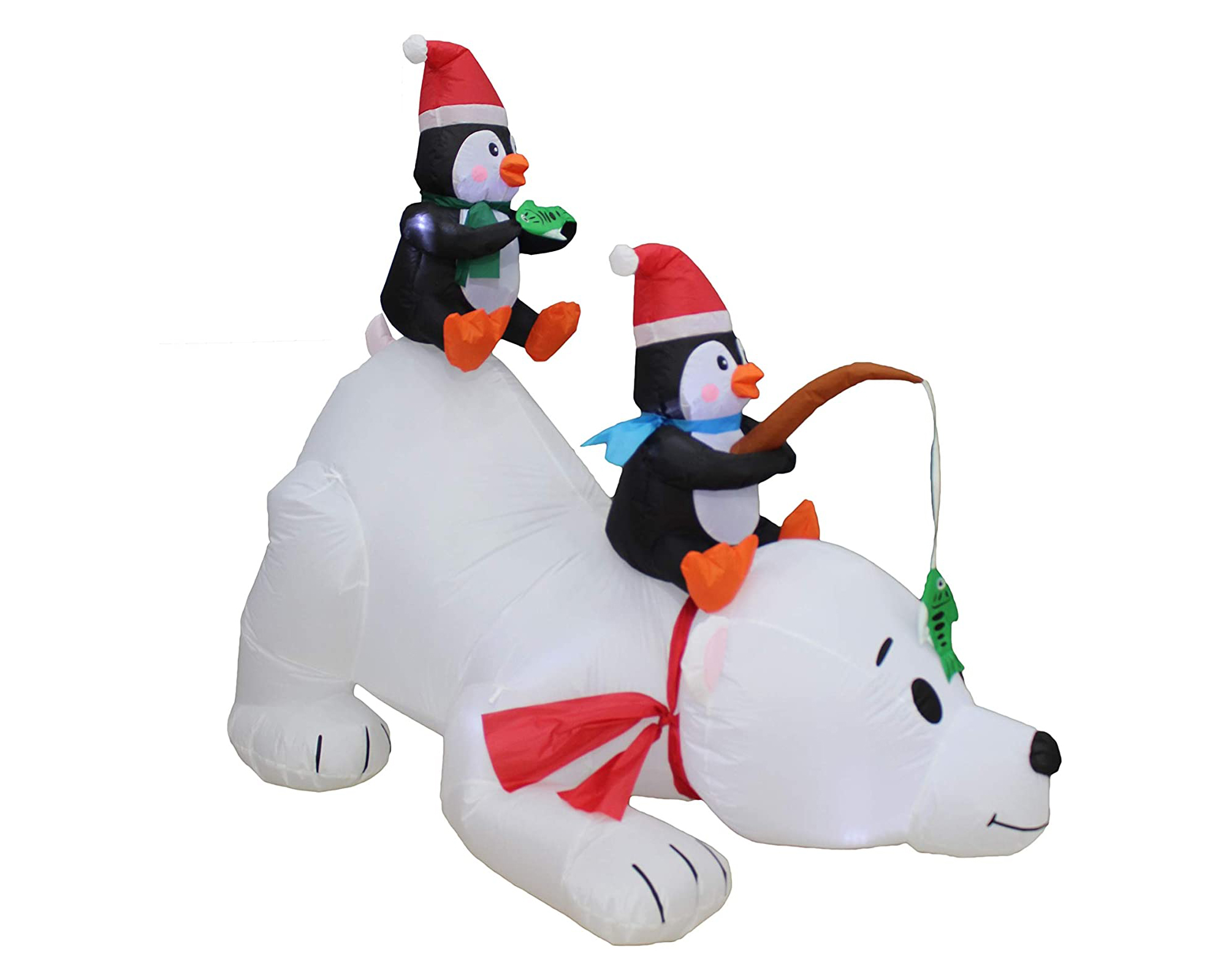 6 Ft blow up polar bear and penguins riding polar bear with built-in lights and sandbags tether for indoor and outdoor decor