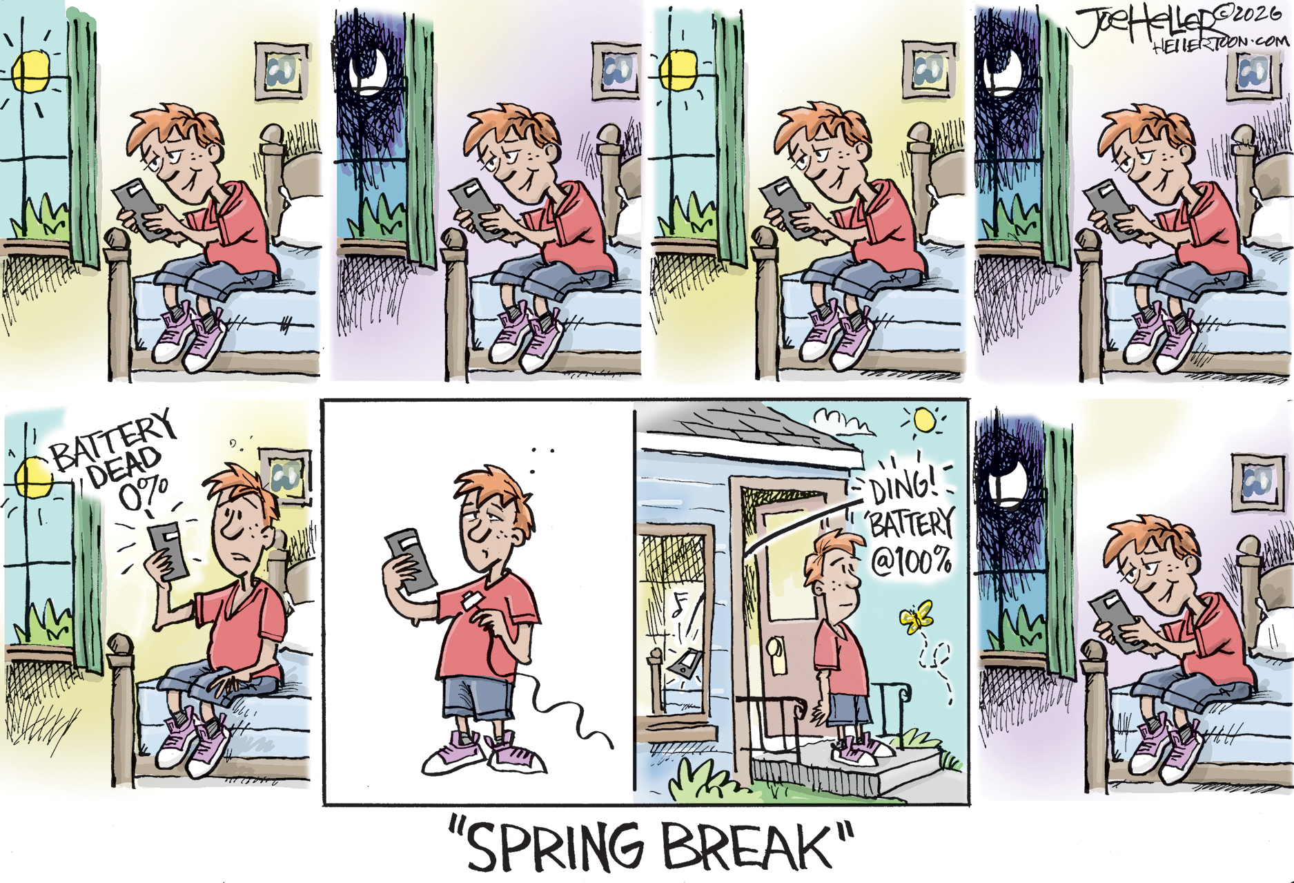 This eight-panel cartoon titled &amp;quot;SPRING BREAK&amp;quot; illustrates a male teenager's constant phone use. The teenager has a glazed look on his face as he is on his phone morning and night. His battery finally runs out and he steps outside for just a moment while he charges his phone. That's the &amp;quot;spring break&amp;quot; and he looks happy as he steps outside. In the final panel he is back in his bedroom, looking at his phone with a glazed, tired expression.