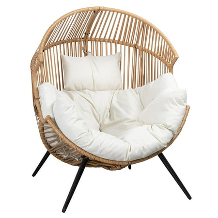 Walsunny Egg Chairs Outdoor Patio Wicker Oversized Egg Shell Lounger Lawn Chair With Cushion for Indoor Outside Porch Balcony Backyard, Original Wood Color Rattan Beige Cushion