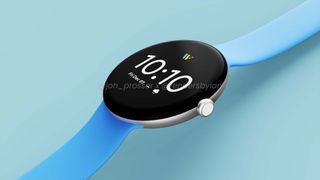 Render of Pixel Watch with a blue band based on alleged leaked images and marketing materials