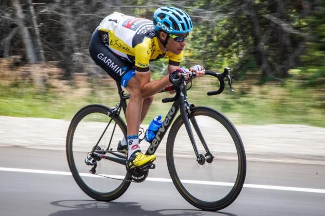 Tom Danielson (Garmin) descends after a bike change.
