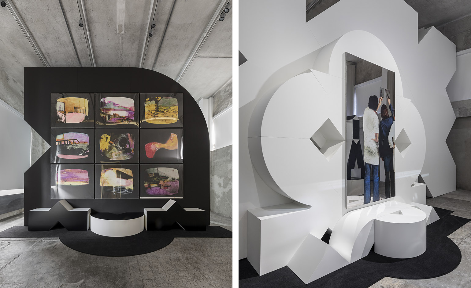 Left, Paesaggio TV, by Mario Schifano, 1970. Right, Serigrafo bianco, by Michaelangelo Pistoletto, 1963-77