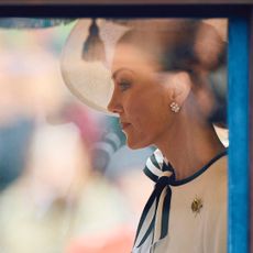 Britain's Catherine, Princess of Wales, rides the Glass State Coach at Horse Guards Parade during the King's Birthday Parade "Trooping the Colour" in London on June 15, 2024. 