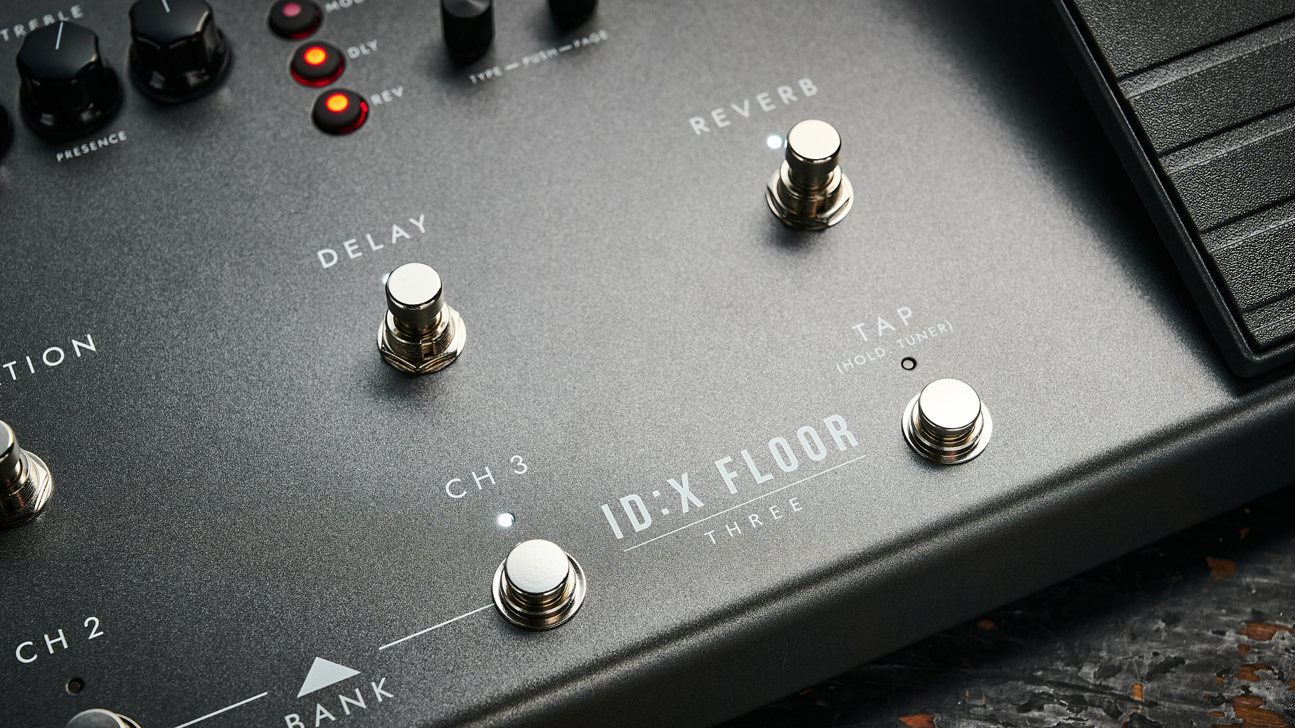 Close up of the footswitches on the Blackstar ID:X Floor Three multi-effects pedal