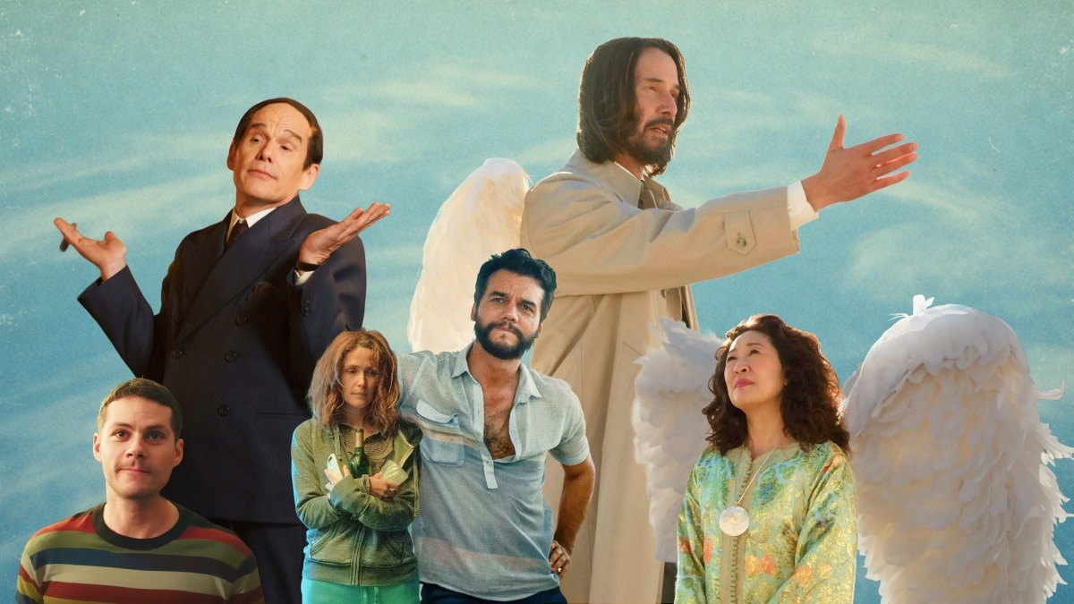 (L-R) Dylan O'Brien as Roman in "Twinless," Ethan Hawke as Lorenz Hart in "Blue Moon," Rose Byrne as Linda in "If I Had Legs I'd Kick You," Wagner Moura as Armando Solim&otilde;es in "The Secret Agent," Keanu Reeves as Gabriel, and Sandra Oh as Martha in "Good Fortune" on a sky blue background