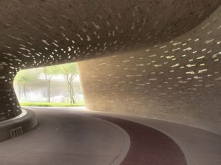 Oxygen park Qatar curved design underpass, white and red striped pathway and reflective patterned stone walls. grass and trees through an opening in the distance