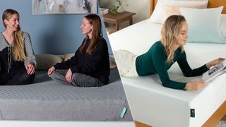 On the left, mattress testers Nicola Appleton and Frances Daniels sit on the Siena Signature Mattress in our Sleep Lab. On the right, a woman lies on the Zinus Green Tea Memory Foam Mattress, reading a magazine