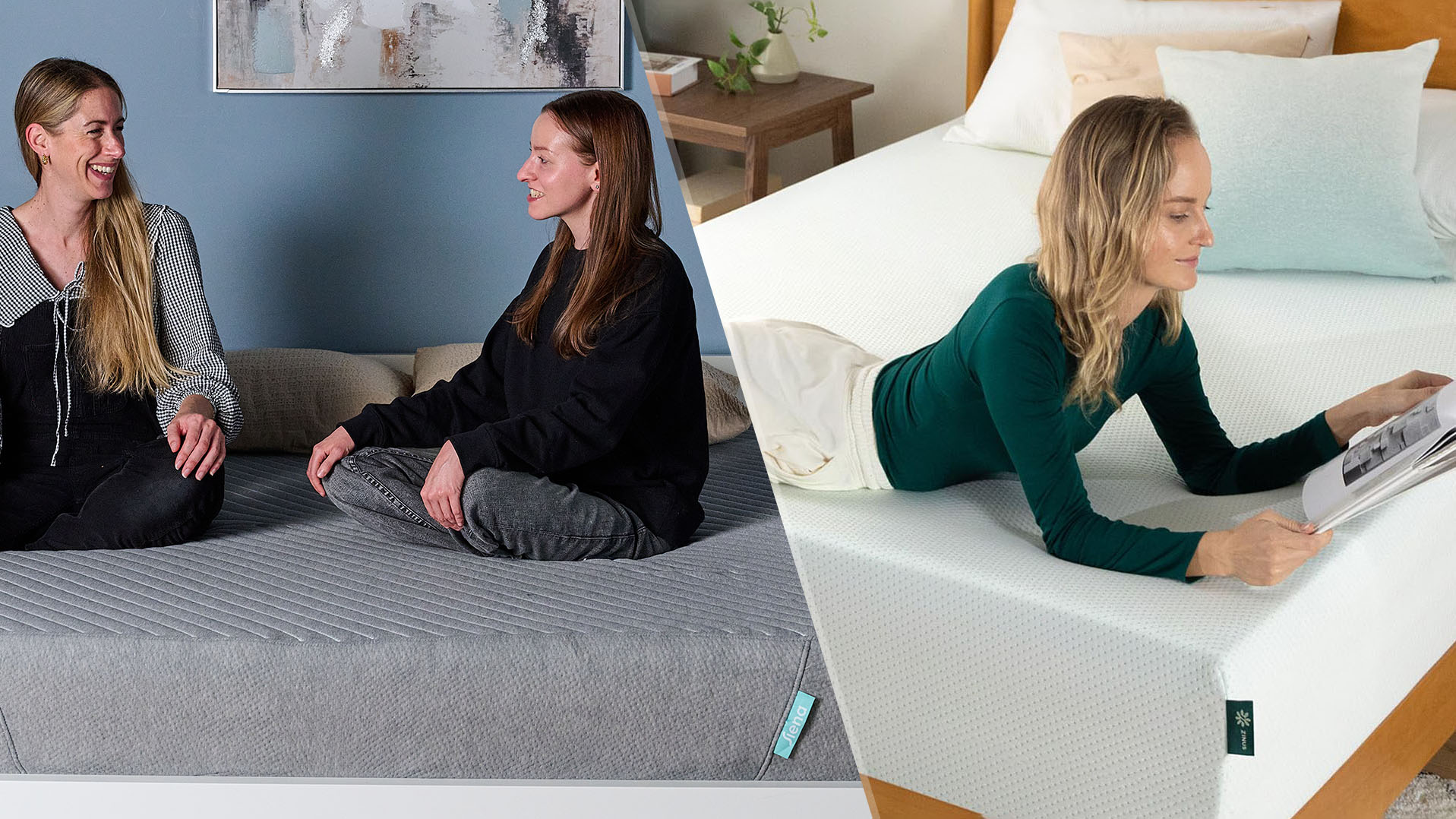 On the left, mattress testers Nicola Appleton and Frances Daniels sit on the Siena Signature Mattress in our Sleep Lab. On the right, a woman lies on the Zinus Green Tea Memory Foam Mattress, reading a magazine