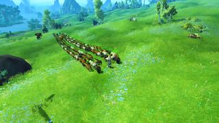 A World of Warcraft player running through a summery field with 300 Bakar