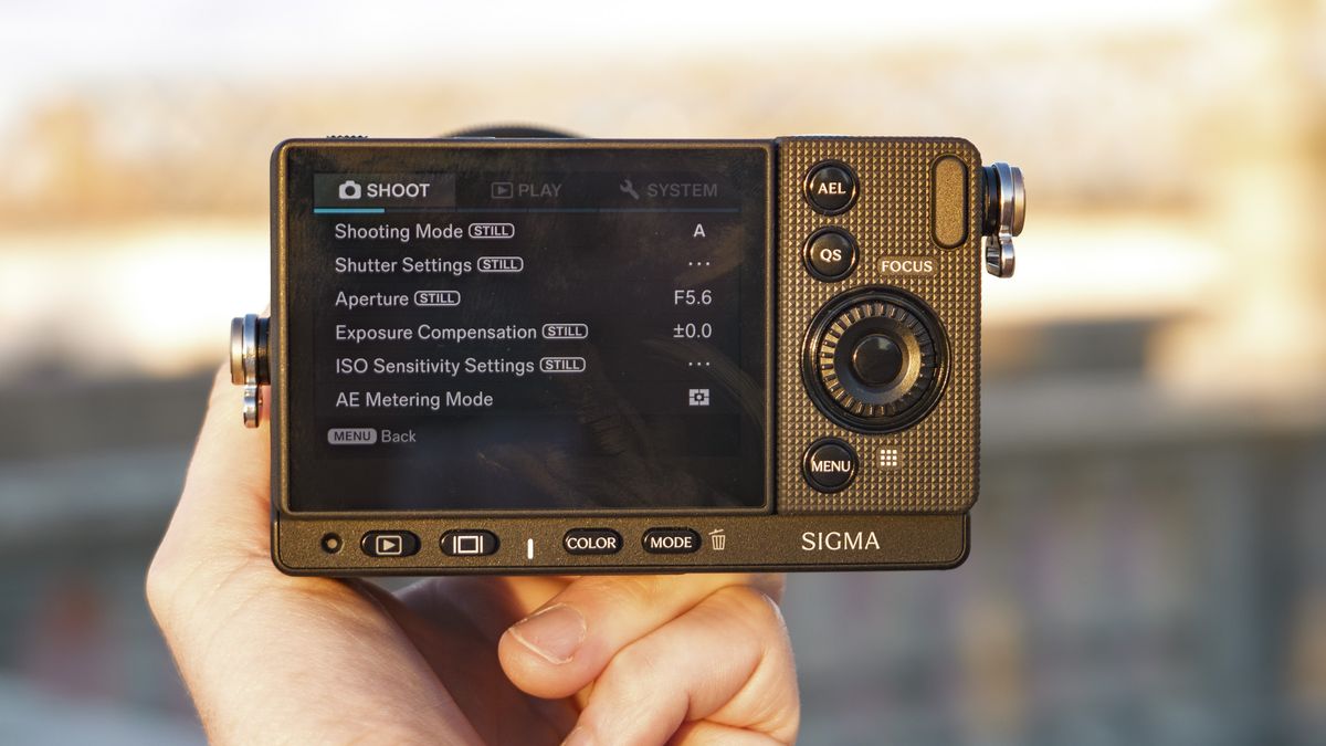 The Sigma FP2 mirrorless camera in user's hand, at golden hour outdoors, with a close up of the rear screen