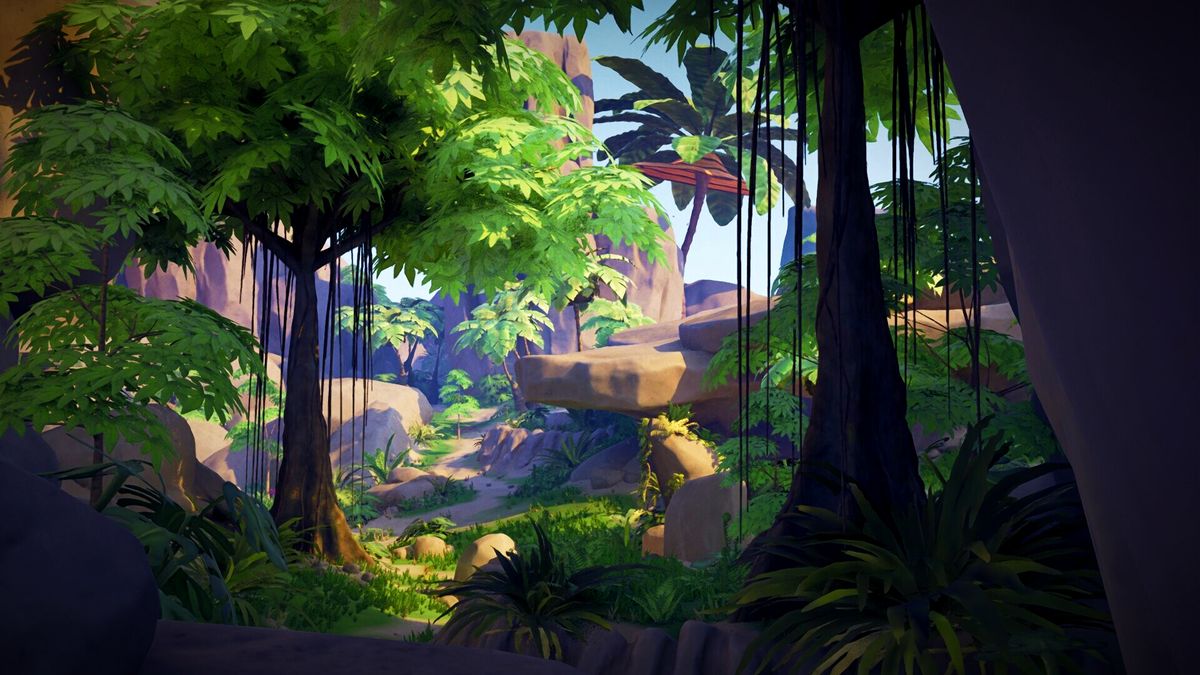 Astrobotanica screenshot showing a lush tropical biome with vibrant scenery, hanging vines, green trees, and a clear sky