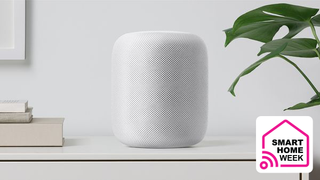 Picture of an Apple HomePod with a Smart Home Week label in the lower right-hand corner