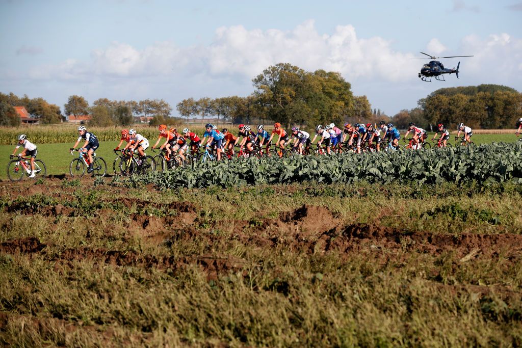 WEVELGEM BELGIUM OCTOBER 11 Peloton Landscape Helicopter during the 9th GentWevelgem In Flanders Fields 2020 Women Elite a 1414km race from Ieper to Wevelgem GentWevelgem FlandersClassic on October 11 2020 in Wevelgem Belgium Photo by Bas CzerwinskiGetty Images