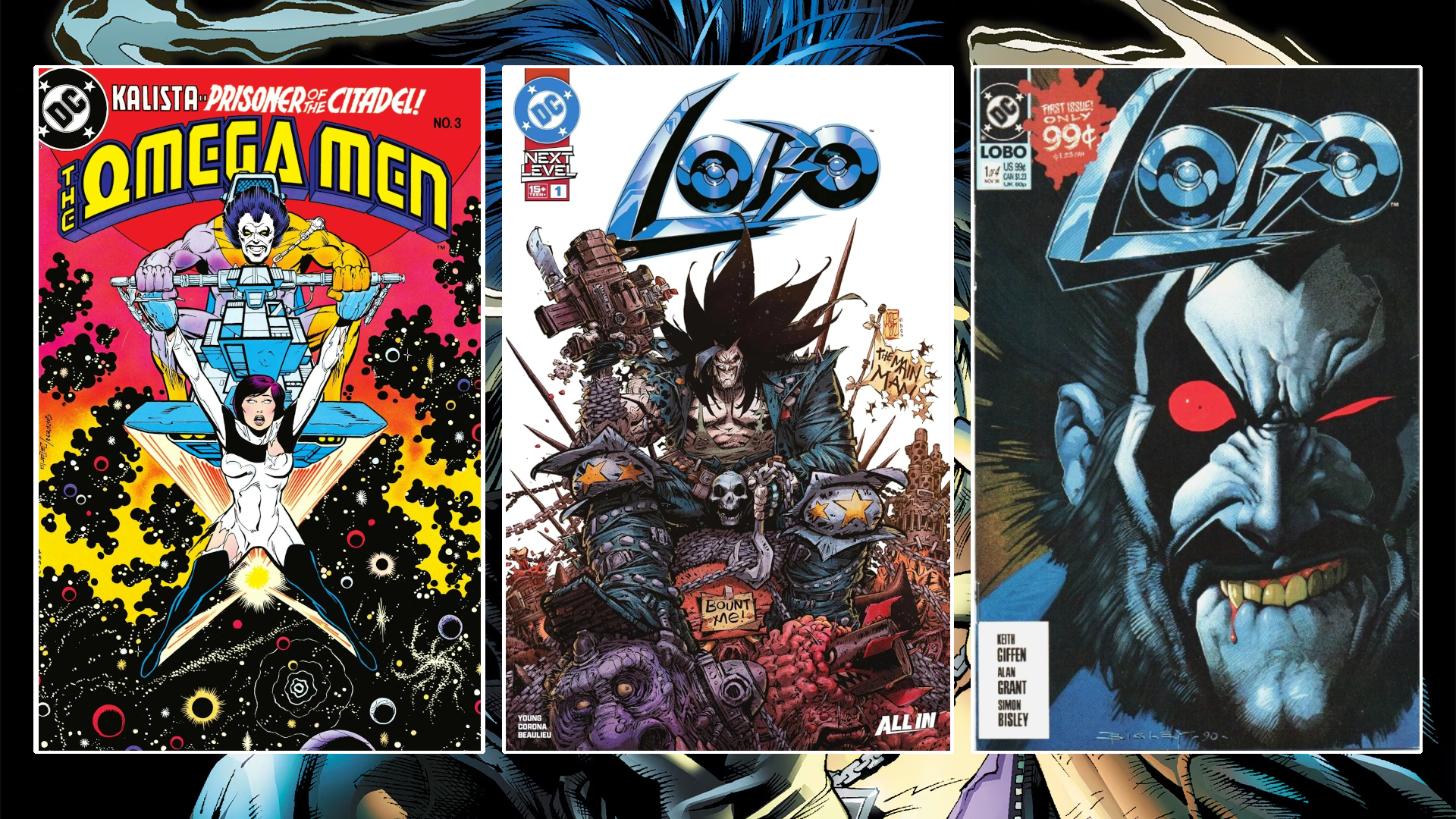 Três capas de quadrinhos com Lobo