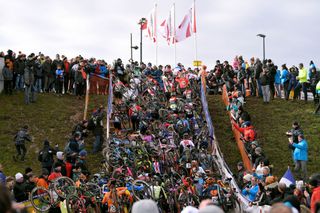 Fans and riders at the Nommay Cyclocross World Cup