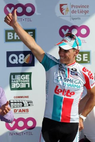 Philippe Gilbert (Omega Pharma-Lotto) takes to the podium for the fourth time this month.