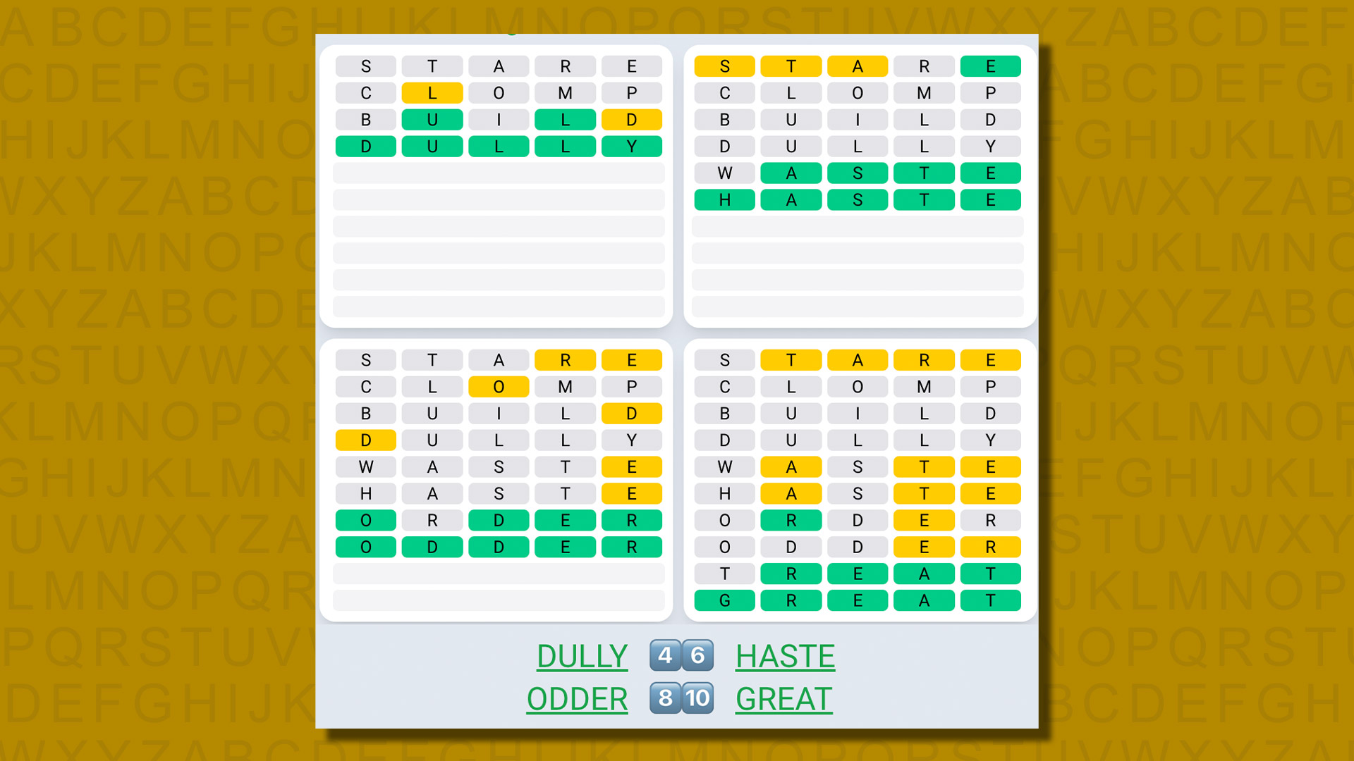 Quordle daily sequence answers for game 557 on a yellow background